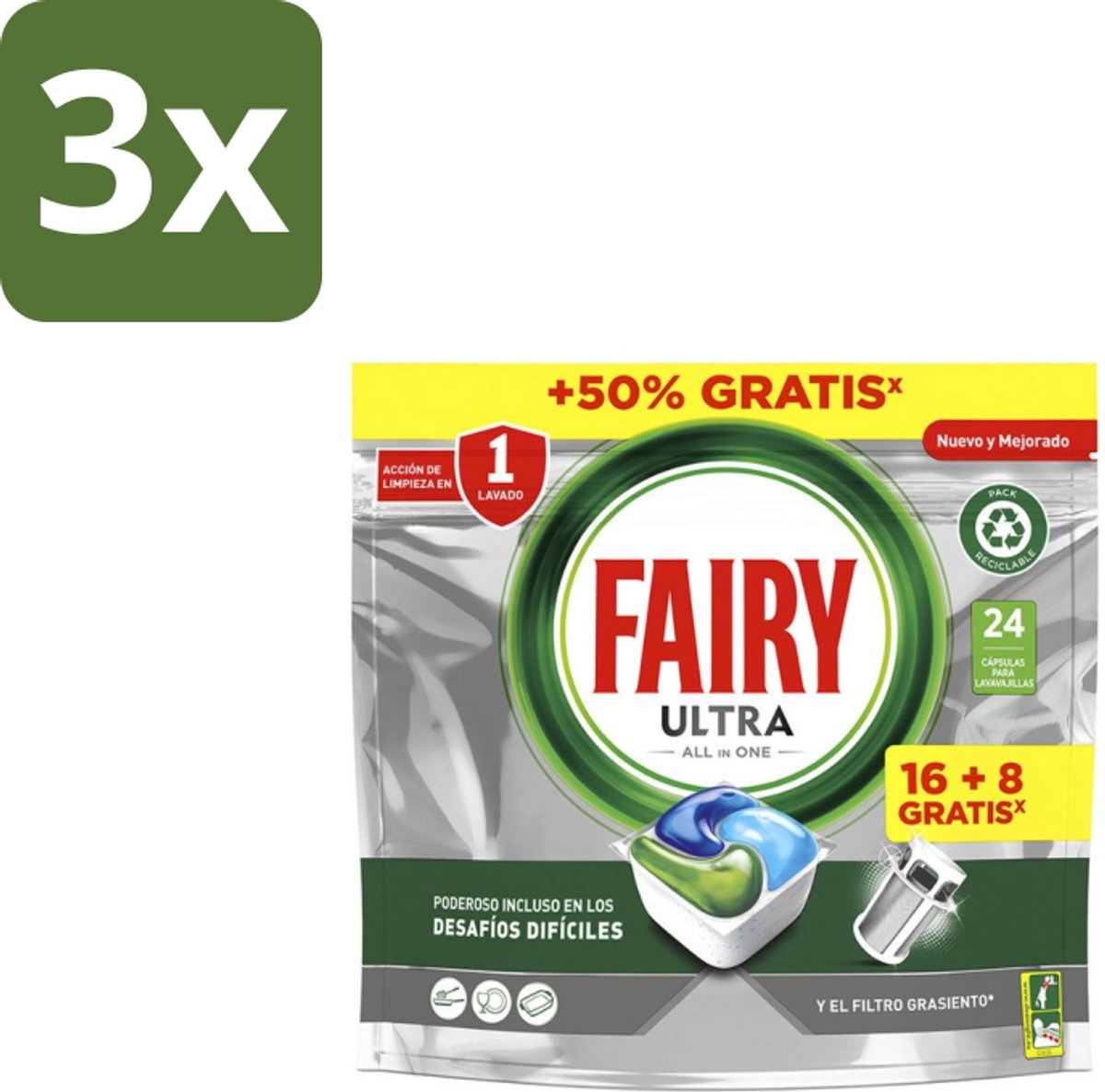 3 x Fairy – Vaatwastabletten – All-in-1 Platinum Fresh – 24 Tabletten - Vaatwastabletten - Vaatwassen - Reinigen - Vet Verwijderen - Schone Vaat