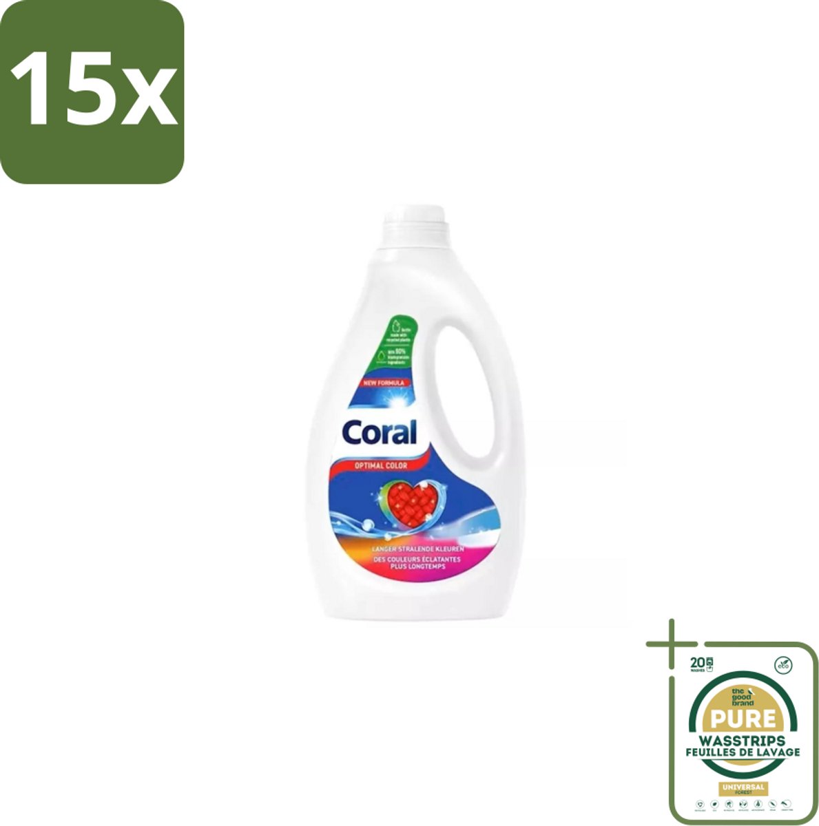 15 x Coral – Vloeibaar Wasmiddel – Optimal Color – 1170 ml - Grootverpakking - Kleurbehoud - Vlekverwijdering - Anti-pluis - Wasmiddel - Wasresultaat