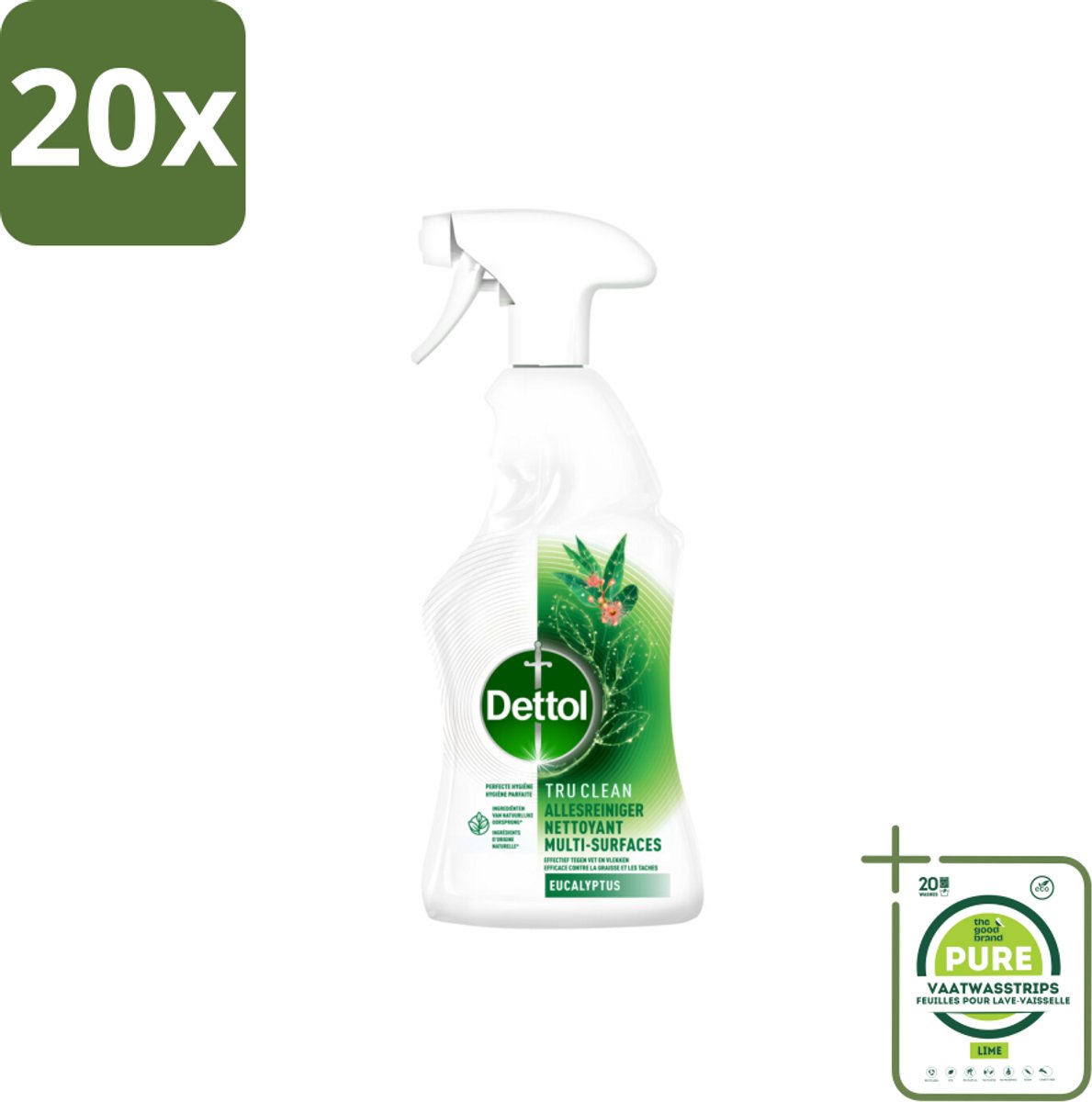 20 x Dettol Tru Clean - Allesreiniger - Spray - Eucalyptus - Multi-Oppervlakken - 500ml - Grootverpakking - Allesreiniger - Schoonmaakspray - Eucalyptus - Natuurlijke Ingrediënten - Vetvlekken