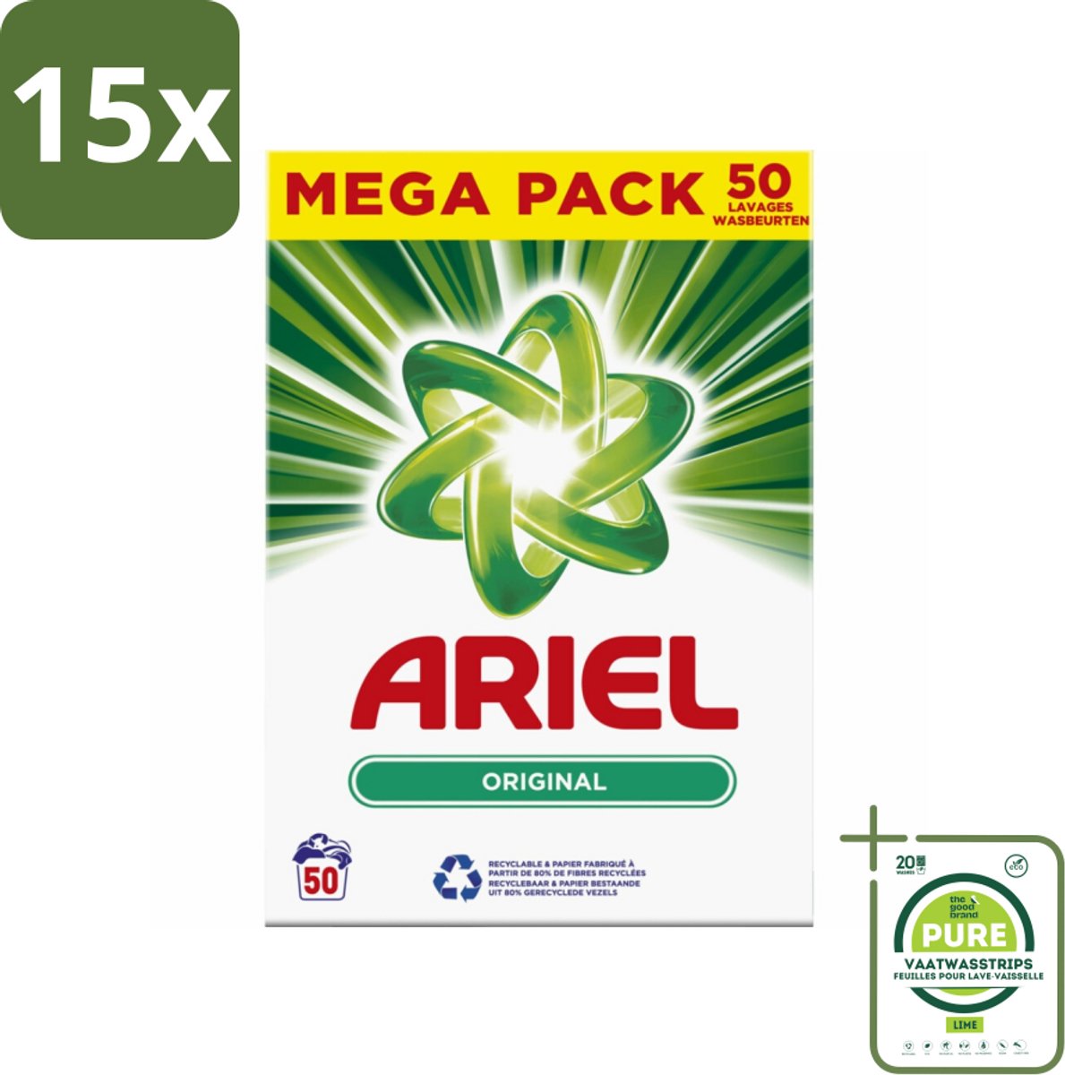 15 x Ariel Original - Waspoeder - Witte en Lichtgekleurde Was - 50 Wasbeurten - Grootverpakking - Ariel Original - Waspoeder - Wasmiddel - Witwas - Lichte Kleuren