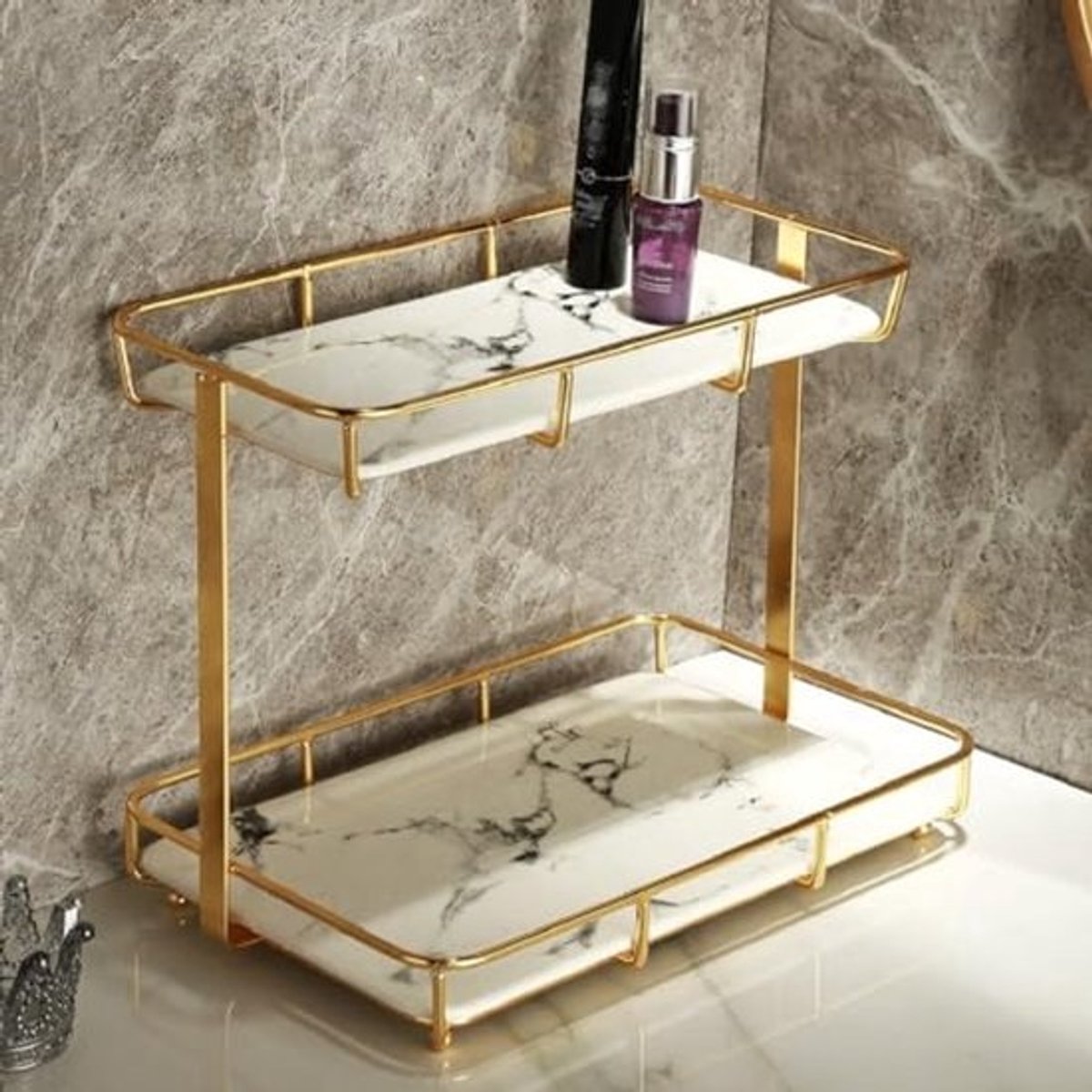 Make-up Organizer Plank met Keramische Dienblad en Marmering - Roestvrij Staal en Goud voor Dressoir en Badkamer