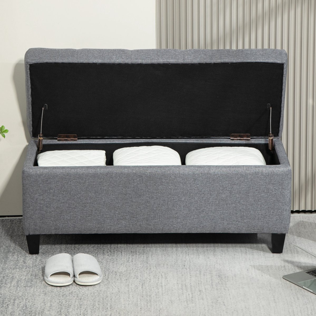 REDOM - Bank - Opbergbank met opklapbare zitting en binnenruimte - Knopenafwerking - Klassieke stijl - Hal, woonkamer en slaapkamer - Polyester en hout - Lichtgrijs - 100 x 40 x 44 cm