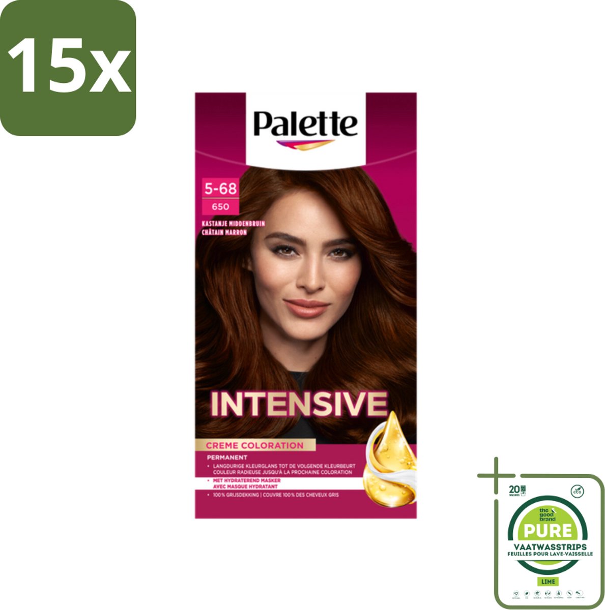 15 x Palette Intensive Oil-Care Color Haarkleuring 650 Kastanje Middenbruin - Grootverpakking - Haarverf - Kastanjebruin - Haarkleur - Glans - Arganolie