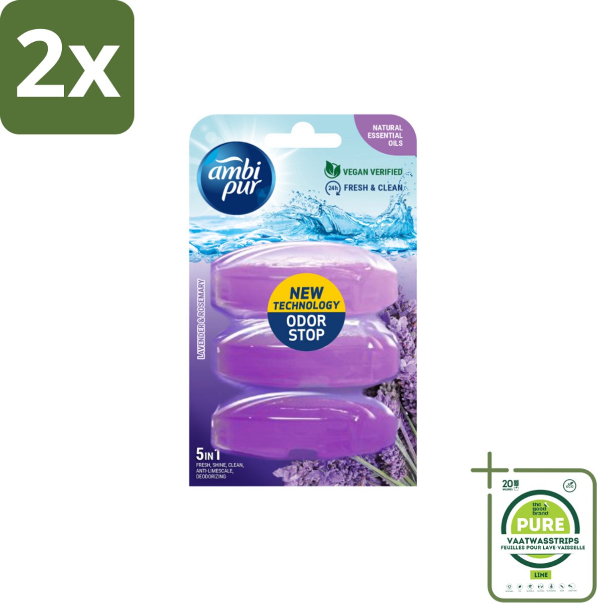 Ambi Pur Toiletblok Navulling Lavendel & Rozemarijn 3 stuks per verpakking - Voordeelverpakking - 2 stuks - Toiletblok - Toiletvulling