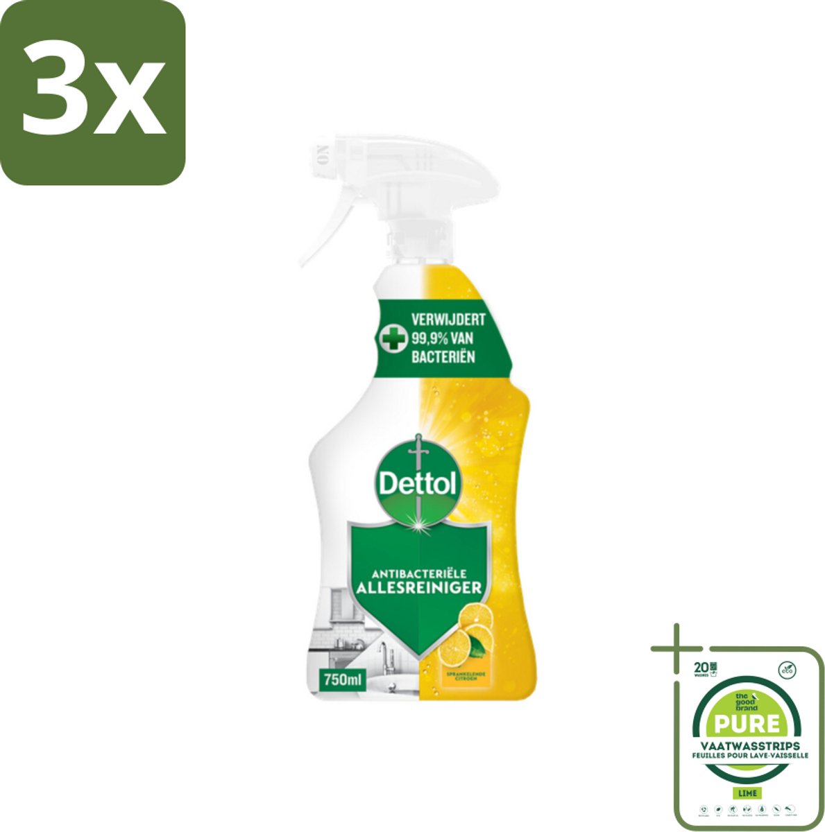 3 x Dettol Antibacteriële Allesreiniger Spray Sprankelende Citroen 750 ml - Grootverpakking - Allesreiniger - Schoonmaakspray - Citroen - Hygiëne - Keukenreiniger