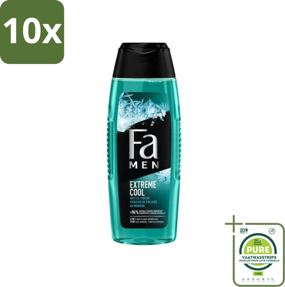 10 x Fa Men Douchegel en Shampoo Extreme Cool 250 ml - Grootverpakking - Douchegel - Shampoo - Mannen - Verfrissend - Menthol