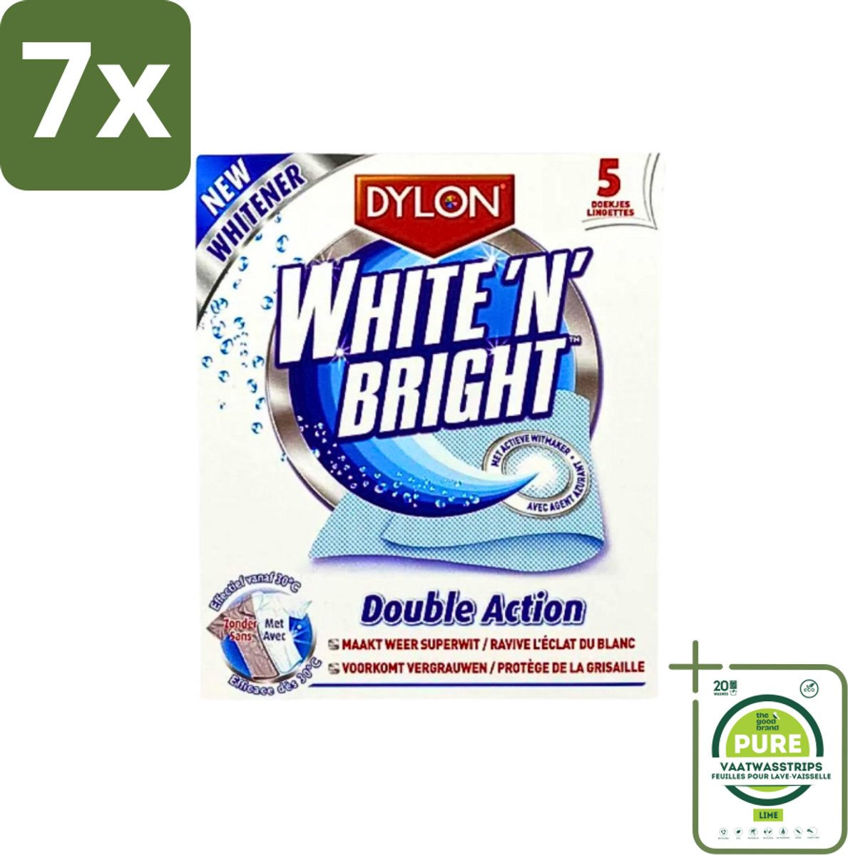 7 x Dylon - Vlekverwijderaar - White & Bright - Superwit & Vlekkeloos - 5 Doekjes - Grootverpakking - Vlekkenverwijderaar - Witwas - Superwit - Wasmiddel - Vlekken