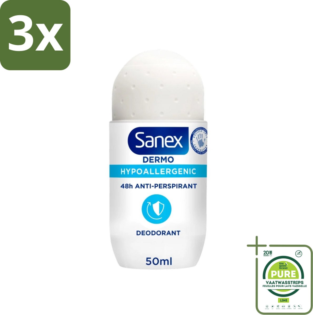 3 x Sanex Dermo - Deodorant Roller - Hypoallergeen - 48h Anti-Transpirant - 50 ml - Grootverpakking - Sanex - Deodorant - Antitranspirant - Hypoallergeen - 48 Uur Bescherming