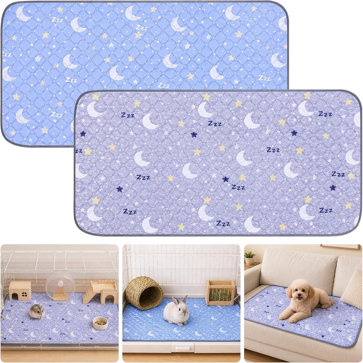Super Absorberende Wasbare Bodembedekking voor Cavia's en Konijnen - Waterdichte en Antislip Pee Mat (Sterren en Maan, 28 x 14 Inch, 2 Stuks)