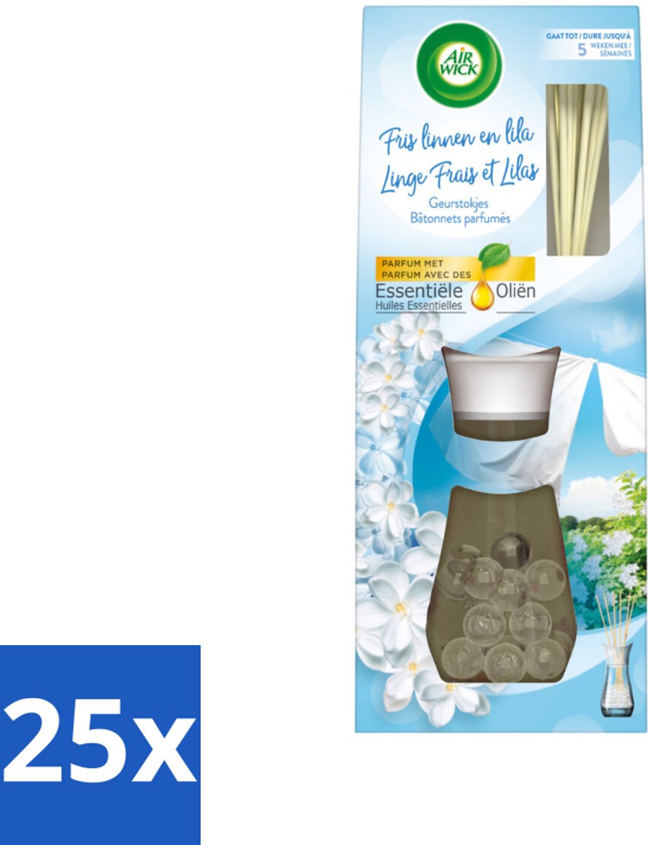 25 x Air Wick - Geurstokjes - Soft Cotton - Essentiële Oliën - 33 ml - Geurstokjes - Geurverspreiding - Fris - Katoengeur - Essentiële Oliën