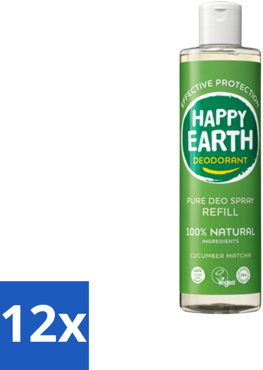 Happy Earth – Deodorant Spray Navulling – 100% Natuurlijk Cucumber Matcha – 300 ml - Voordeelverpakking - 12 stuks