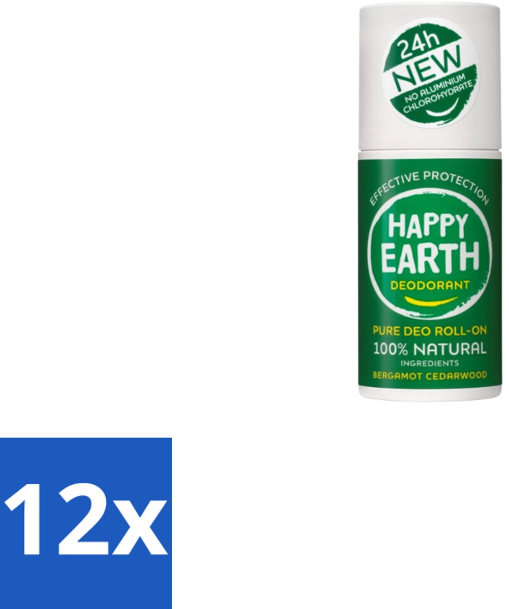 Happy Earth – Deodorant Roll-On – 100% Natuurlijk Bergamot Cedarwood – 75 ml - Voordeelverpakking - 12 stuks