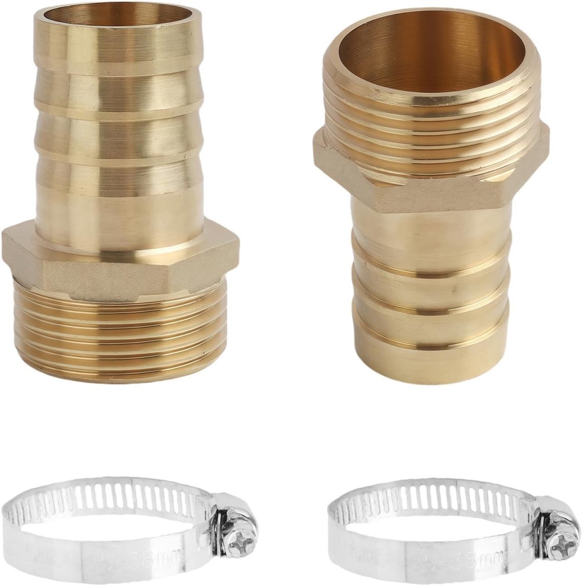 Set van 2 pijpnozzles 1 inch, messing buisverbinding met slangklemmen en afdichtband, vorst- en roestbescherming voor slangaansluitingen