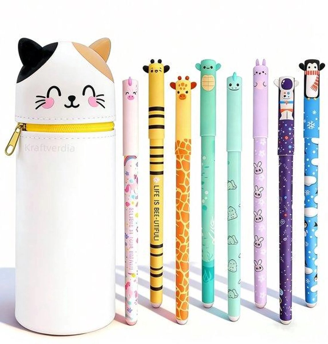 casalora - Uitwisbare pennen 8 kleuren - Gelpennen met siliconen etui - Katten Pennenzak - 0,6 mm Cartoon Patroon Dierenpen voor Schoolspullen van Kinderen of Kantoorbenodigdheden voor Volwassenen - Cadeauset - Niet geschikt voor legami vulling