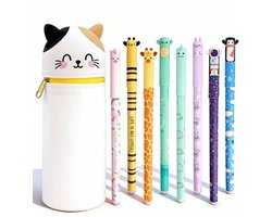 casalora - Uitwisbare pennen 8 kleuren - Gelpennen met siliconen etui - Katten Pennenzak - 0,6 mm Cartoon Patroon Dierenpen voor Schoolspullen van Kinderen of Kantoorbenodigdheden voor Volwassenen - Cadeauset - Niet geschikt voor legami vulling