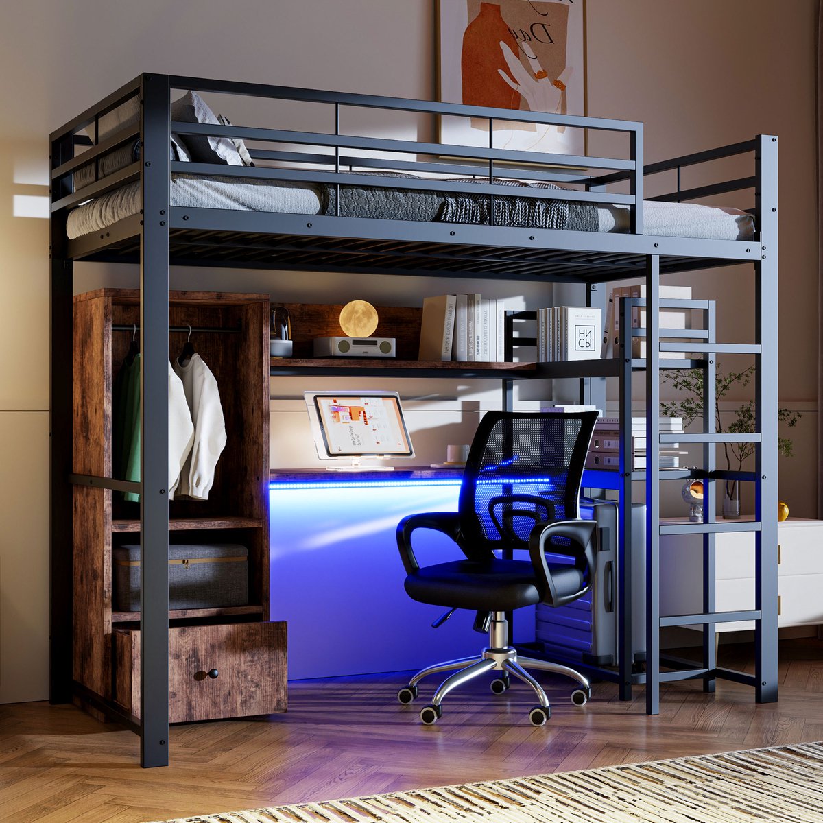 Sweiko Hoogslaper - 90 x 200 cm - Metalen bed - LED-verlichting - Met bureau - Lade - Zwart