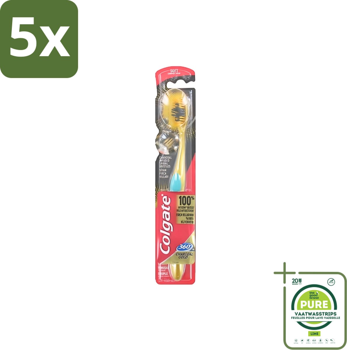 5 x Colgate - Tandenborstel - 360 Charcoal Gold Soft - Zwart/Goud - 1 Tandenborstel - Grootverpakking - Tandenborstel - Houtskool - Tanden Reinigen - Tanden Witter Maken - Tandenborstel Houtskool