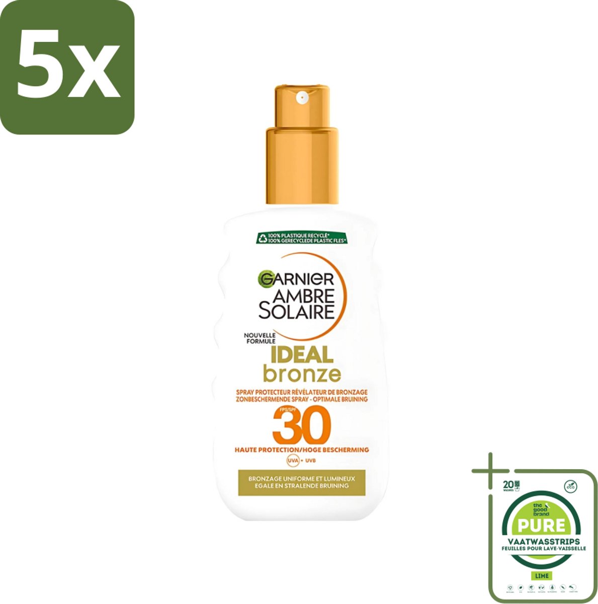 5 x Garnier - Ambre Solaire - Ideal Bronze - Zonnebrandspray - SPF 30 - 200 ml - Grootverpakking - Zonbescherming - Bruin - Zonnebrand - SPF 30 - Huidverzorging