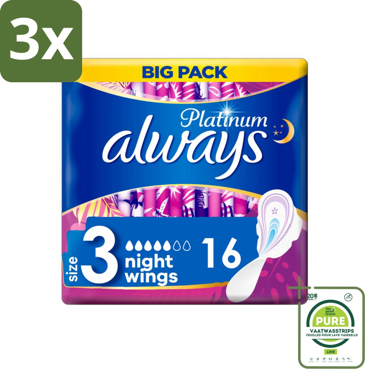 3 x Always Maandverband Platinum Ultra Night 16 stuks per verpakking - Grootverpakking - Maandverband Nacht - Nachtbescherming - Maandverband Ultra Night - Maandverband Voor Nacht - Maandverband Met Vleugels