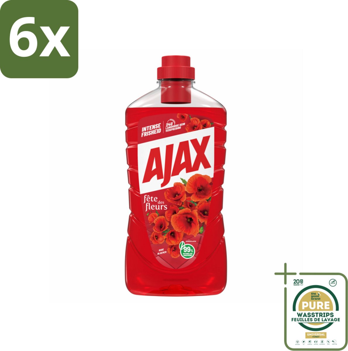Ajax Allesreiniger Fete de Fleur Rode bloemen 1 liter - Voordeelverpakking - 6 stuks - Bloemen geur - Natuurlijke reiniging