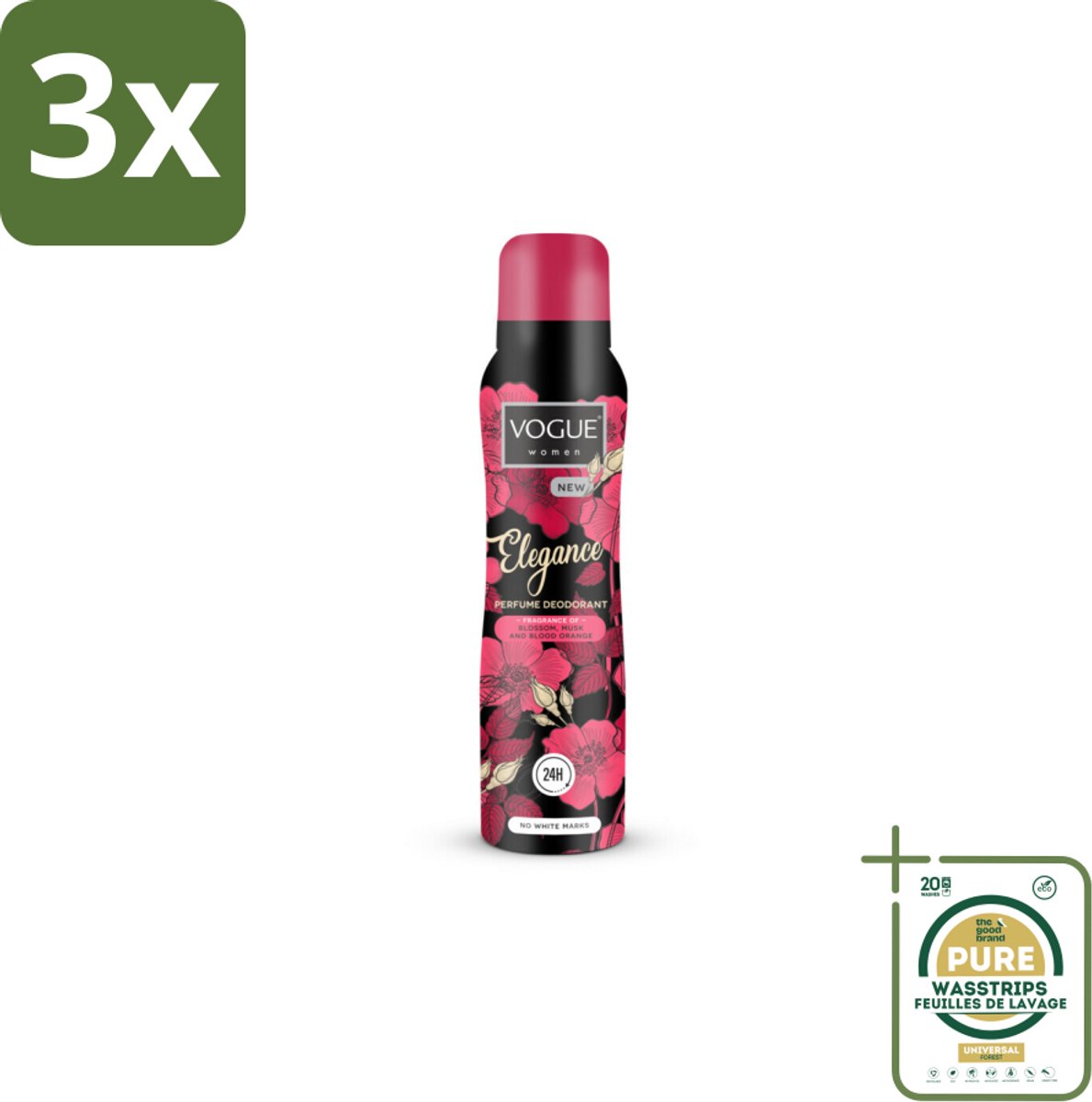 3 x Vogue Elegance Parfum Deodorant 150 ml - Grootverpakking - Deodorant - Parfum Deodorant - 24 Uur Bescherming - Geur Tegen Zweet - Bloesem Geur
