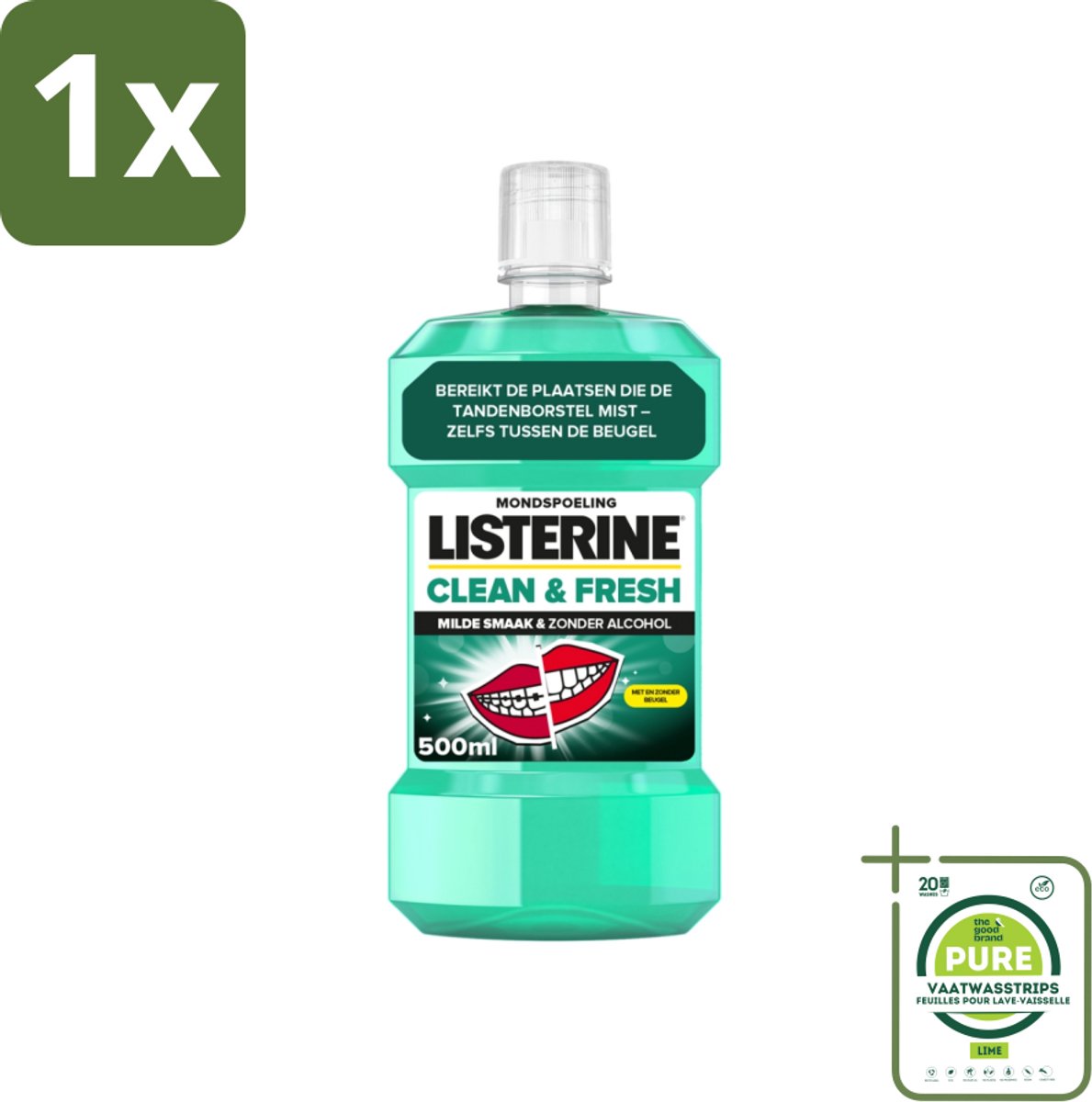 1 x Listerine - Mondwater - Clean & Fresh - Zonder Alcohol - 500 ml - Mondspoeling - Mondwater - Tandplak - Bacteriën - Beugel