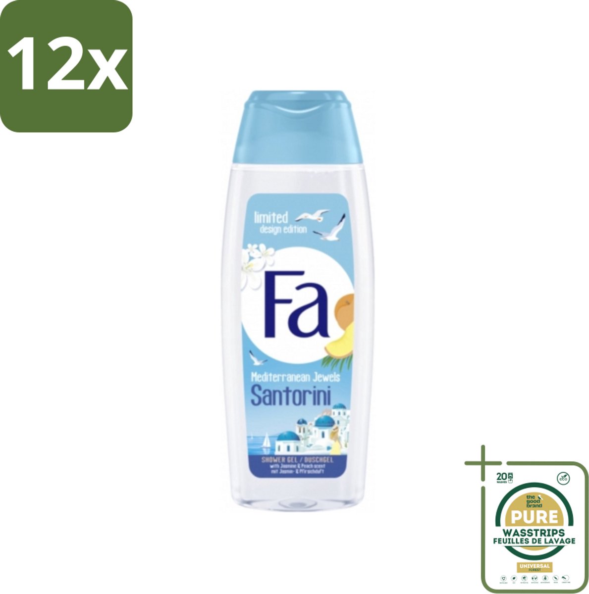 Fa - Douchegel - Mediterranean Jewels Santorini - Verfrissend & Hydraterend - Verzachtend - 250 ml - Voordeelverpakking - 12 stuks - Hydraterende douchegel - Verzachtende douchegel
