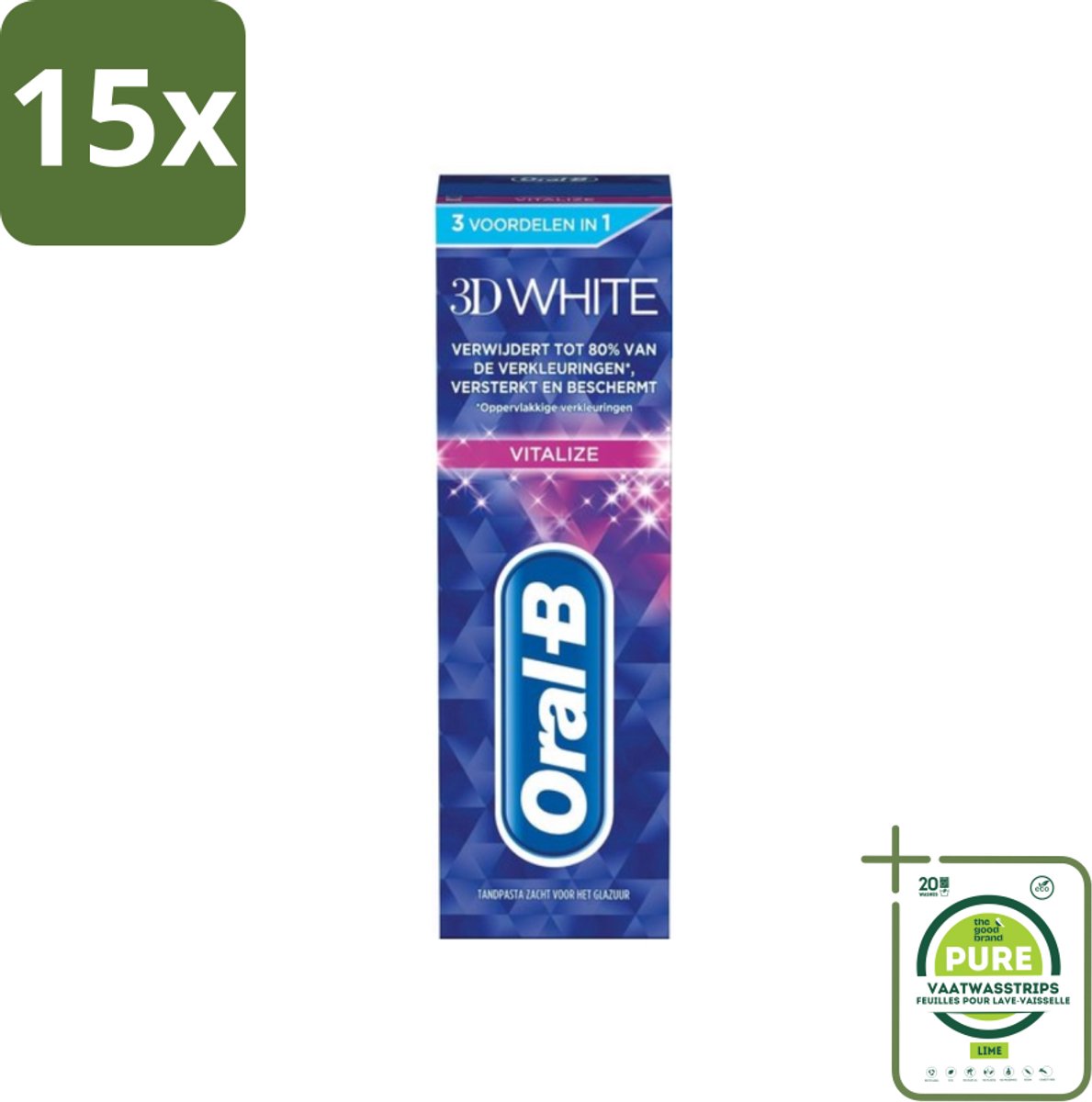 15 x Oral-B - 3D White Vitalize - Tandpasta - Whitening - 75 ml - Grootverpakking - Tandpasta Whitening - Tanden Versterken - Glazuur Beschermen - Tanden Reinigen - Mondgezondheid