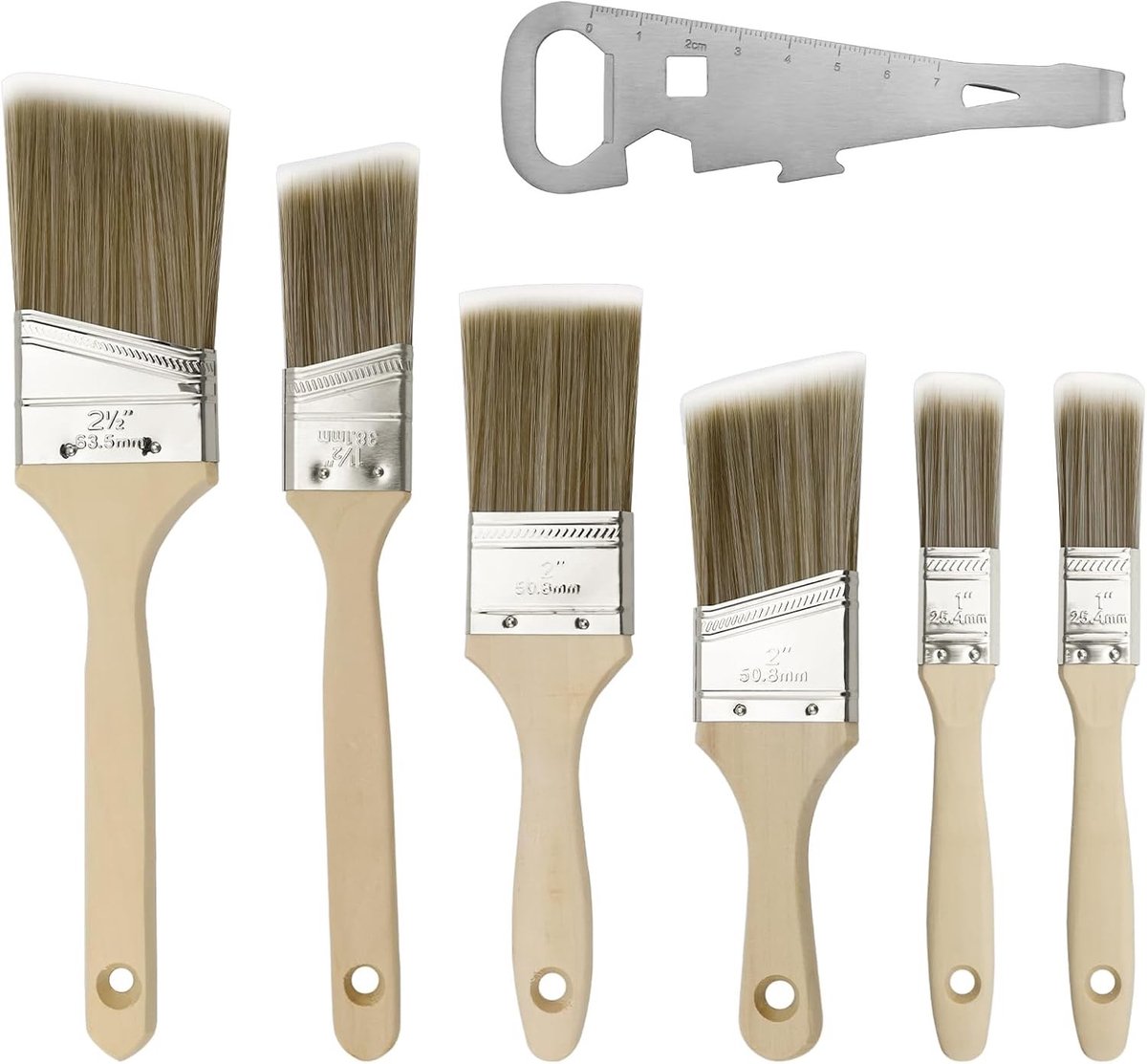 Set van 7 Hoge Kwaliteit Verfkwasten met Houten Handvat, Inclusief Platte, Hoek- en Glazuurkwasten voor Precisie en Creativiteit in Schilderprojecten