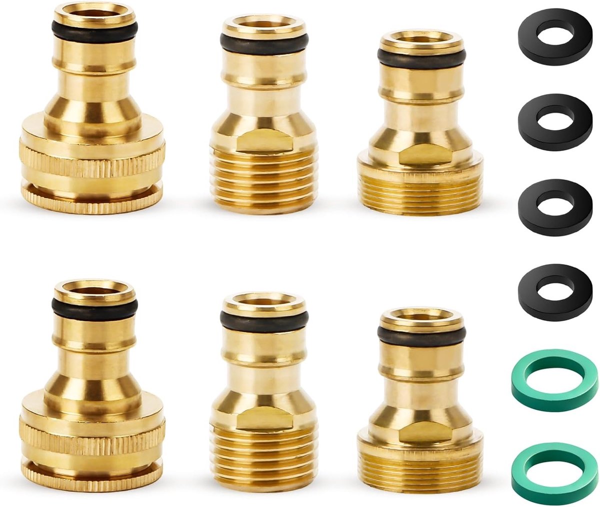 Set van 6 Messing Kraanverbinders, 1/2 Inch en 3/4 Inch, Snelle Koppeling voor Tuinslangen, Geschikt voor Wasmachines en Beregeningssystemen