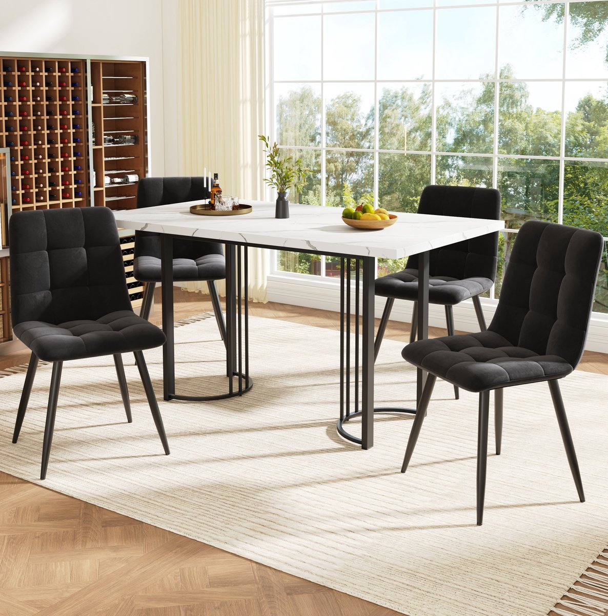 Wishdor Eettafelset - Uitschuifbare tafel met 4 stoelen - Metalen frame en fluwelen stoelen - Modern - Eetkamer keuken - Hout en metaal - Zwart wit - 140 x 80 x 75,5 cm