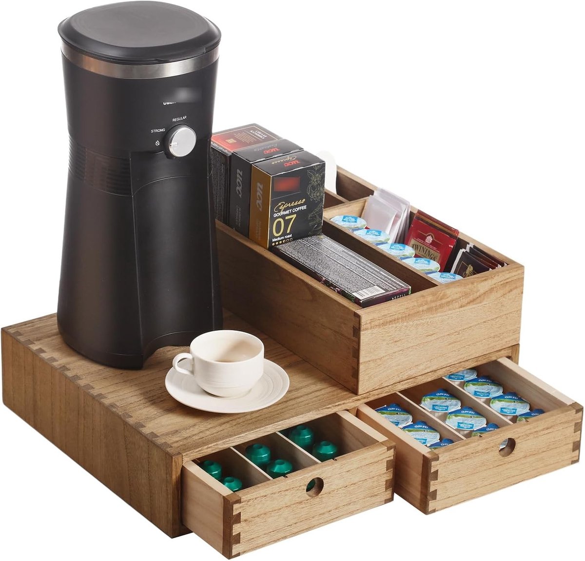 Houten organizer voor koffiebar met lades – opbergoplossing voor capsules, specerijen en thee – geelbruin