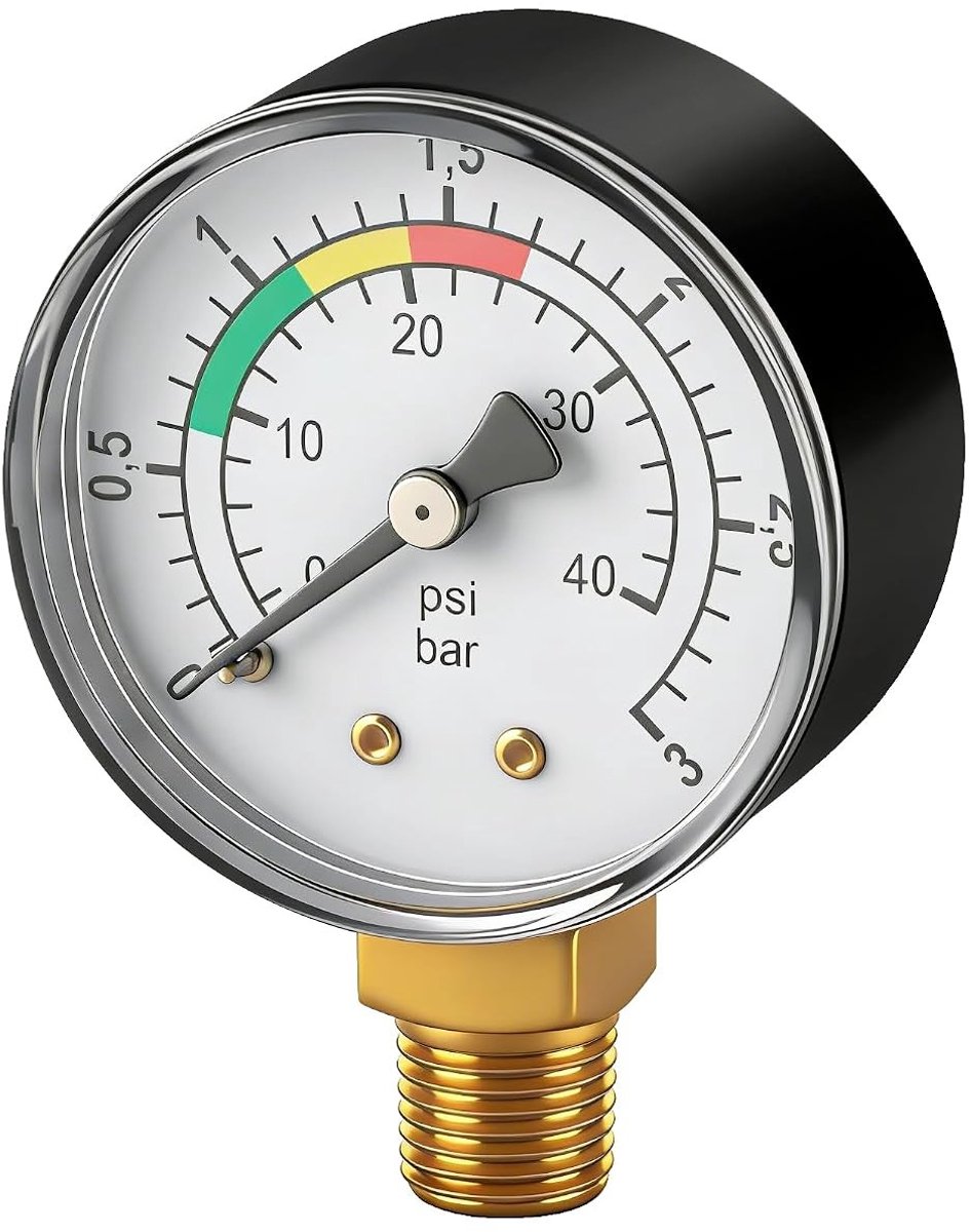 Waterdrukmeter 0-3 bar voor zwembad, vijver en zandfiltersysteem met 1/4 BSPT aansluiting, robuuste drukmeter voor water en gasgebruik