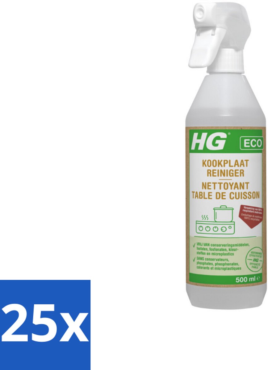 25 x HG ECO - Kookplaatreiniger - Verwijdert Gemakkelijk & Snel - Duurzaam & Ecologisch - 500 ml - Kookplaat Reinigen - Eco Kookplaatreiniger - Vet Verwijderen - Kalkaanslag Verwijderen - Kookvocht Verwijderen