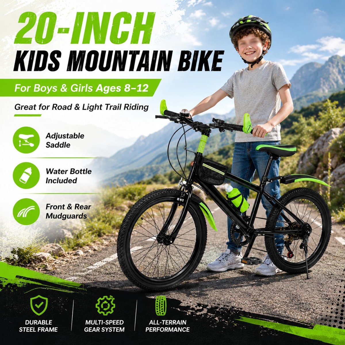 Elzusha Kinderfiets 20 Inch met Mudguard en Waterfles in Groen