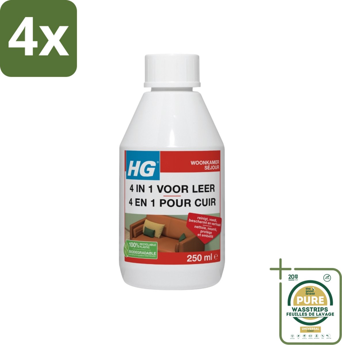 HG 4-in-1 Voor Leer 250 ml - Voordeelverpakking - 4 stuks - Leer beschermer - Leervoedsel