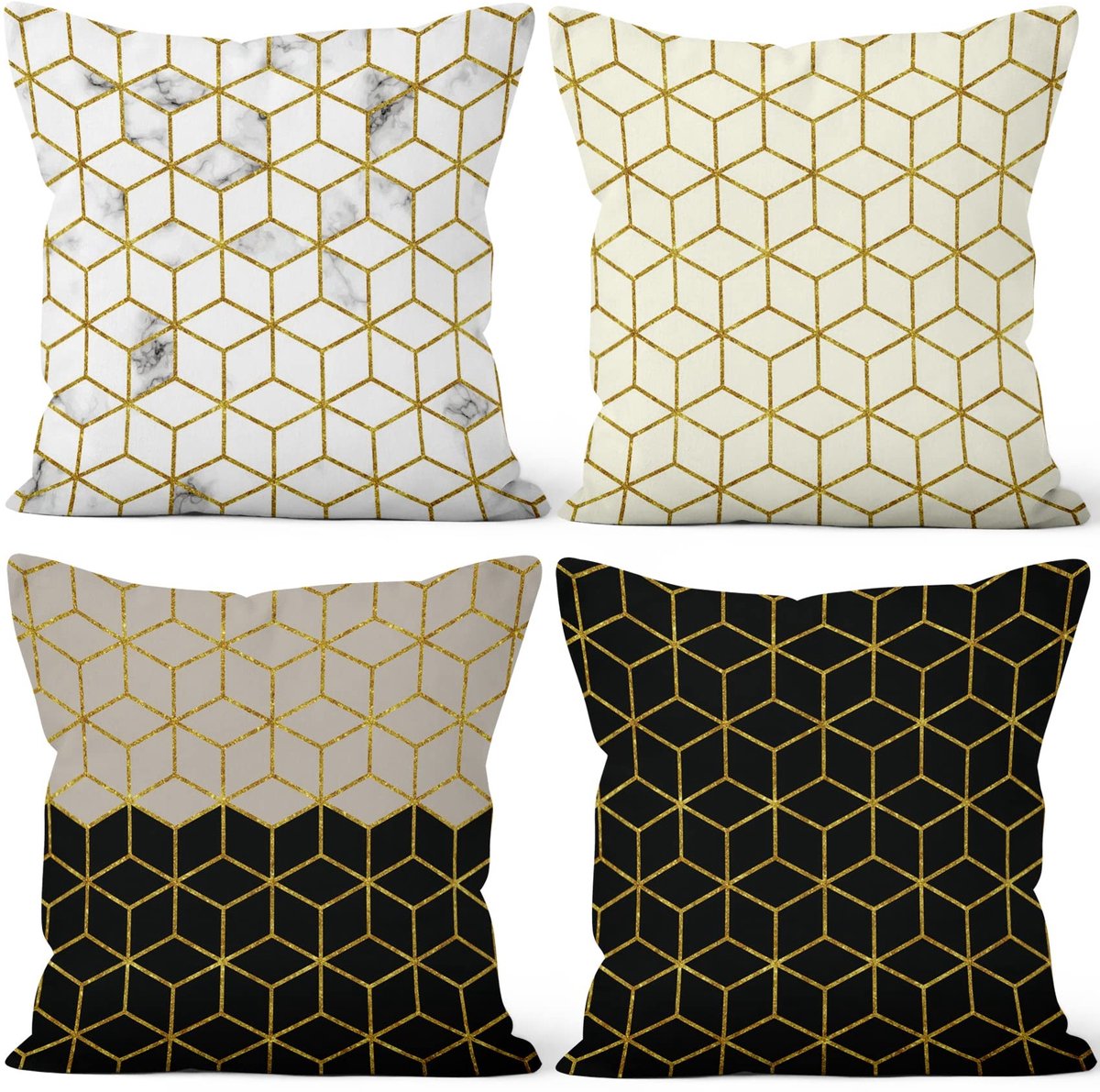 Elzusha - Set van 4 Geometrische Kussenhoezen in Zwart, Wit en Goud