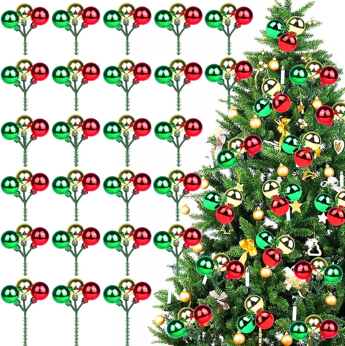 Kerstballen Set van 24 Stuks 8 Inch Glitterende Multi-Kleurige Ballen in Rood, Groen en Goud voor Kerstbomen, Versieringen en Feestdecoraties