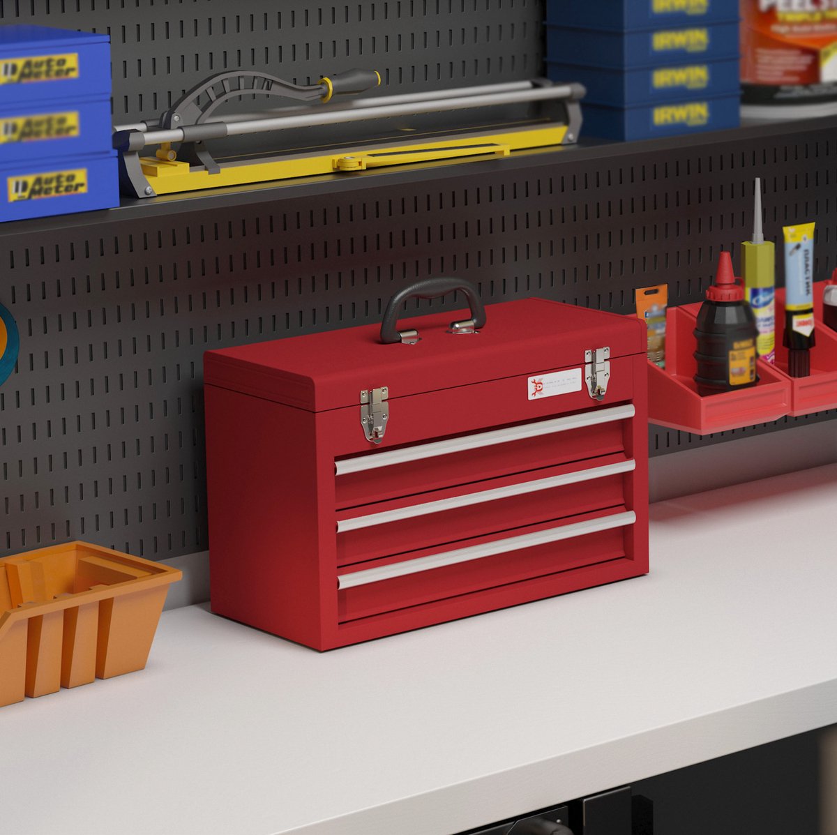REDOM - Gereedschapskoffer - Leeg ontwerp - 3 lades en bovenvak - Afsluitbaar - Draaggreep - Staal - Rood - 51 x 22 x 32 cm