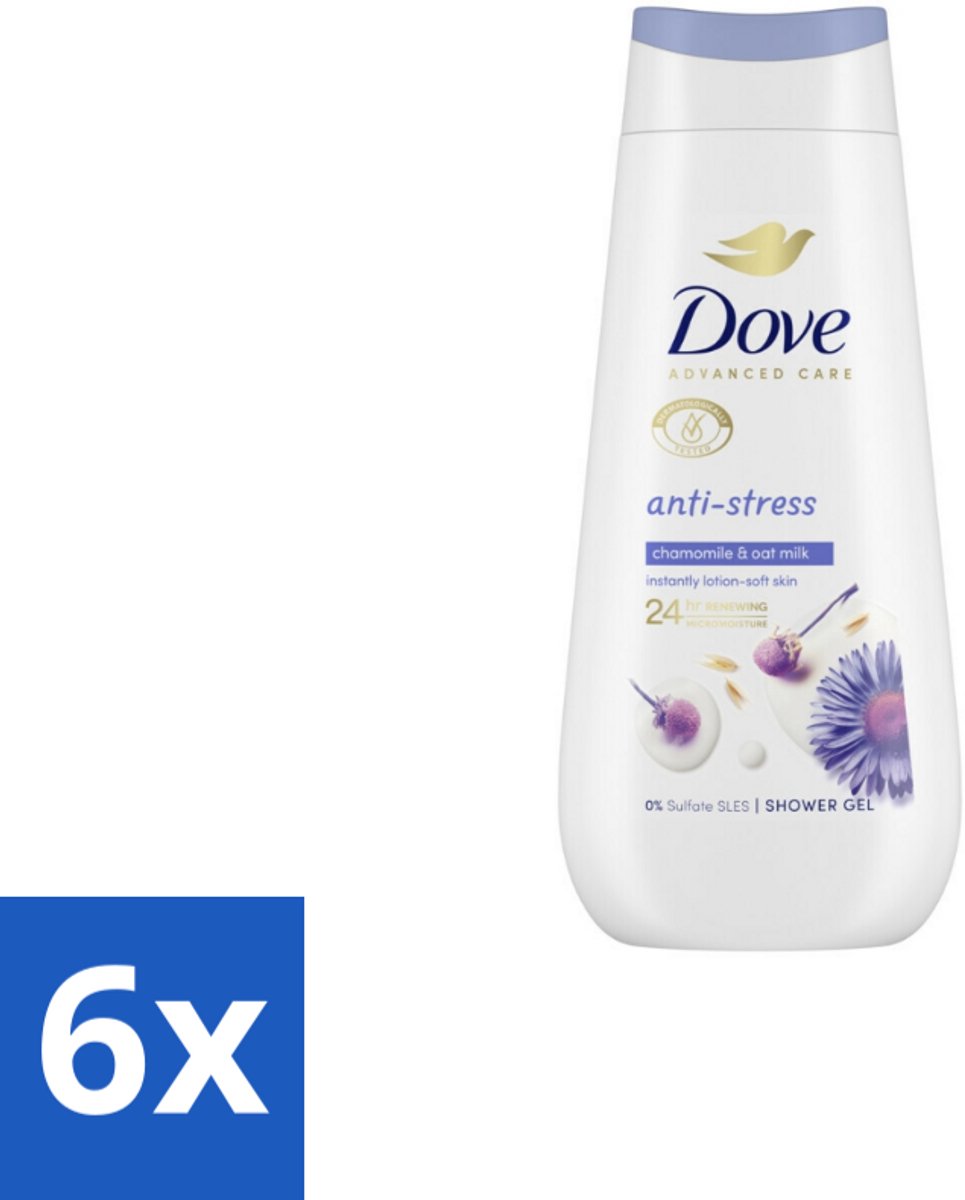 6 x Dove – Douchecrème – Anti-Stress – 225 ml - Douchecrème Anti-stress - Ontspannende Douchecrème - Droge Huid Verzorgen - Hydratatie - Blauwe Kamille