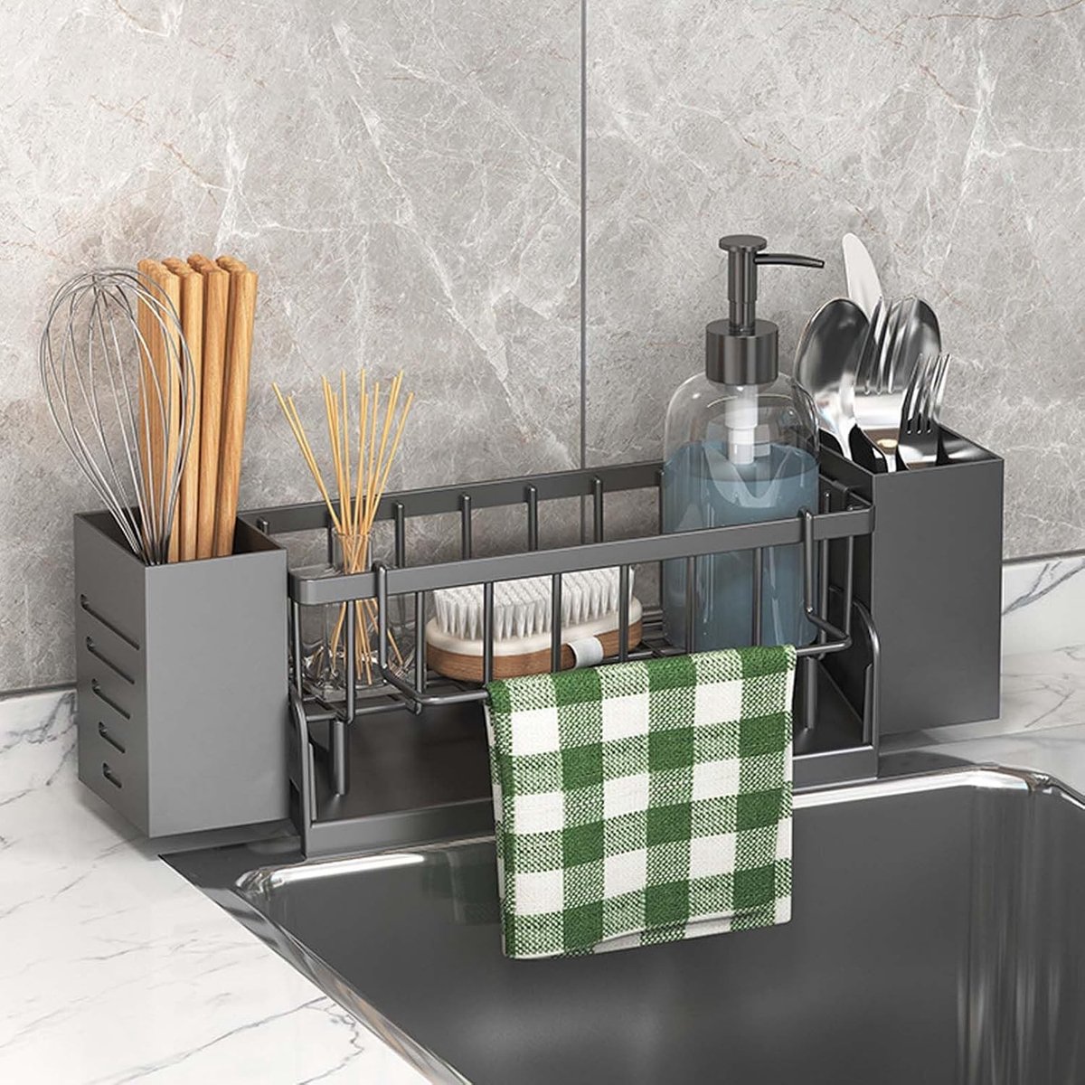 Multifunctionele keukenorganizer, sponshouder en gootsteenorganizer van duurzaam kunststof voor sponzen, bestek en keukengerei (grijs)