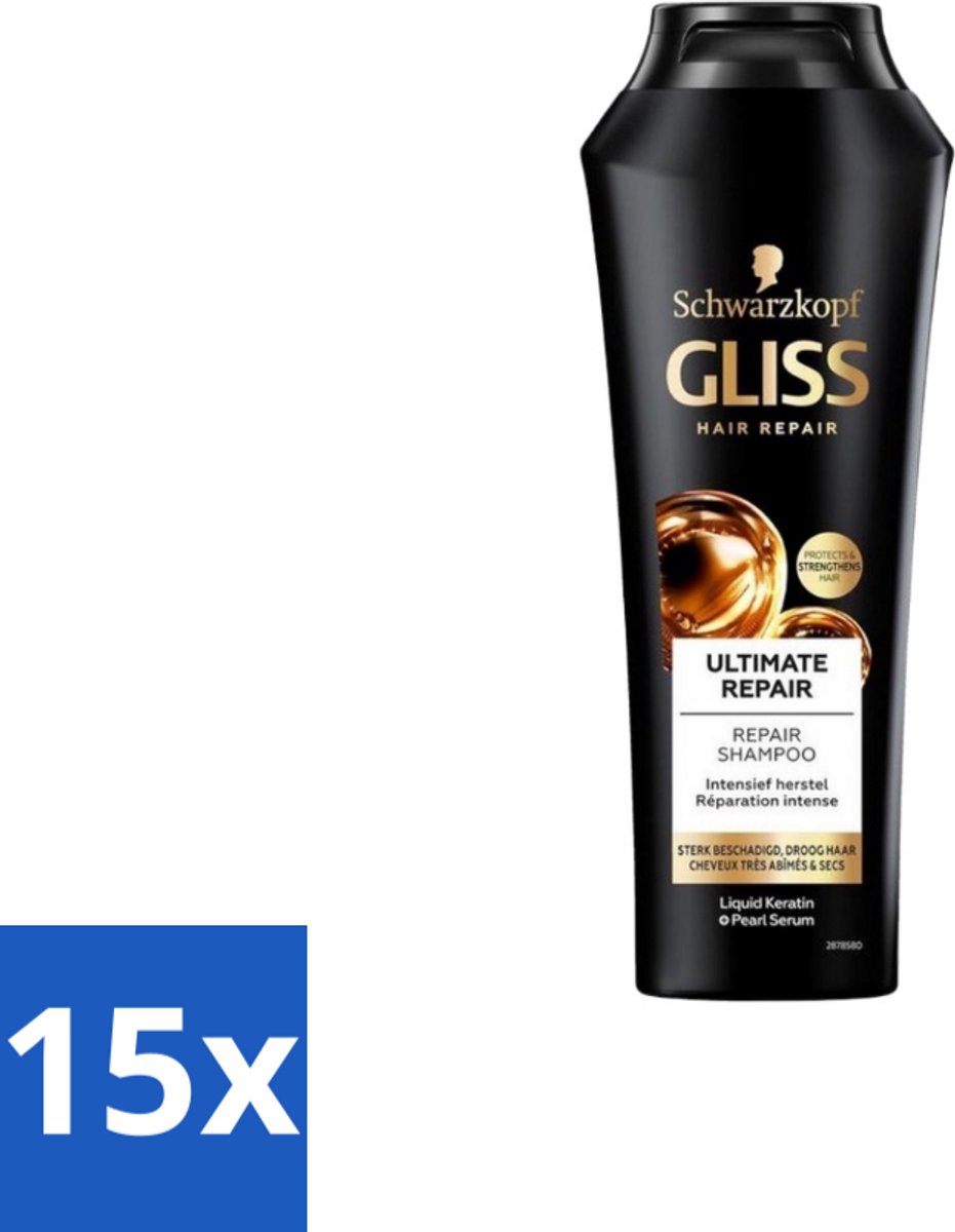 15 x Gliss Kur – Shampoo – Ultimate Repair – 250 ml - Herstel Haar - Beschadigd Haar - Droog Haar - Breekbaar Haar - Keratine Shampoo