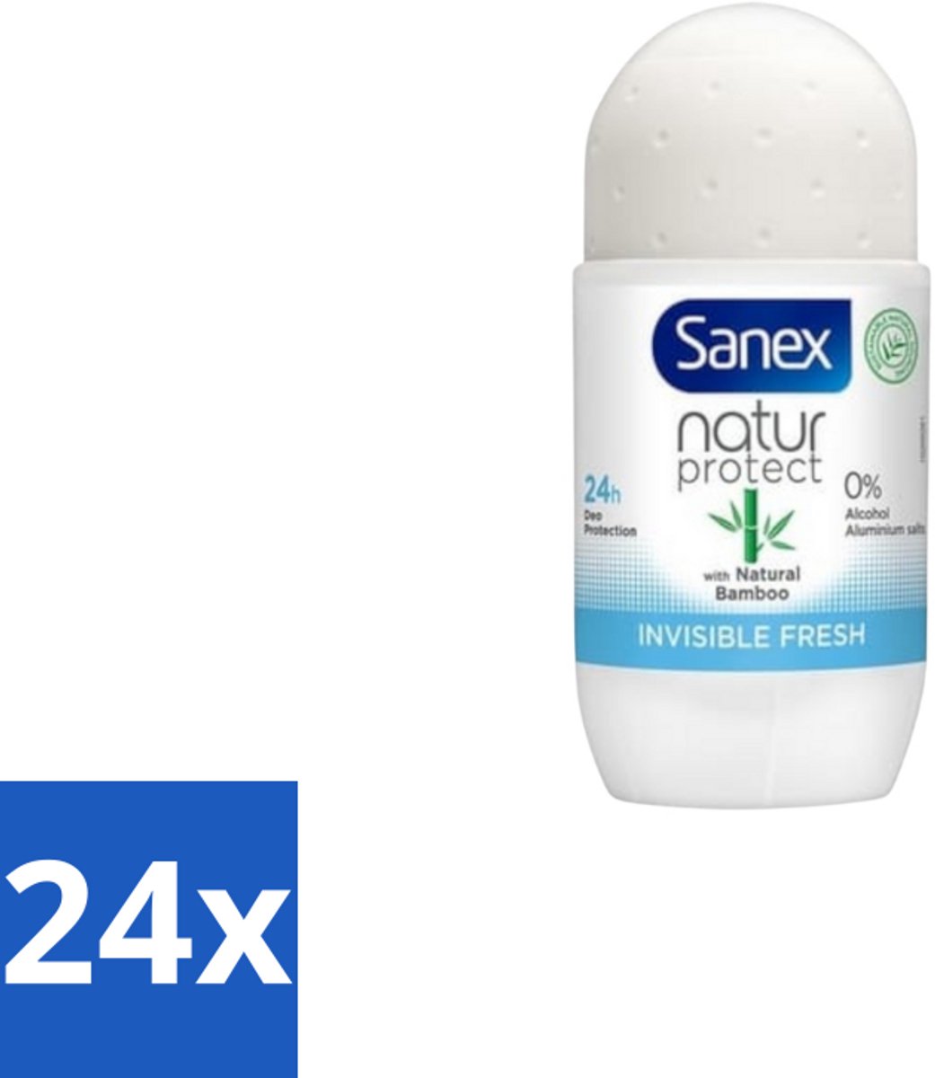 24 x Sanex – Deo Roll-on – Bamboo Invisible Fresh – 50 ml - Deodorant Roll-on - Bamboe - Natuurlijke Frisheid - Kledingbescherming - Witte Vlekken Voorkomen