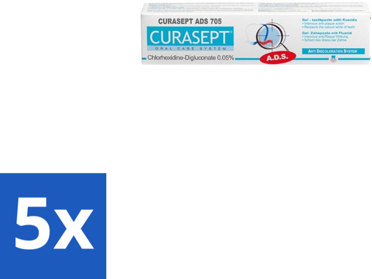 5 x Curasept Gel-Tandpasta 0,05% CHX 75 ml - Tandpasta - Antibacteriële Tandpasta - Chloorhexidine - Tandvleesbescherming - Plaquevoorkomend