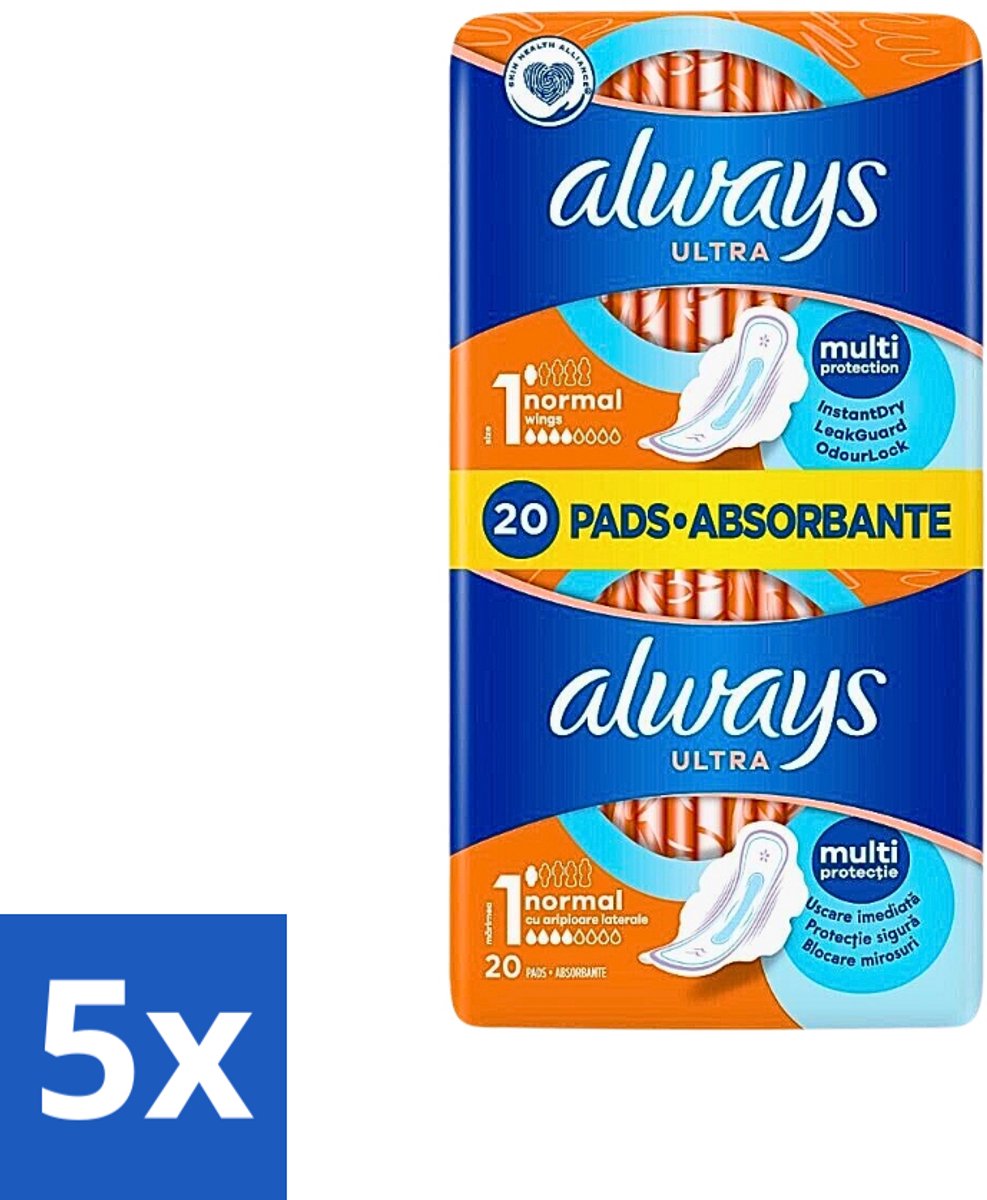 5 x Always Ultra - Maandverband - Met Vleugels - Duo Verpakking - 20 Maandverbandjes - Maandverband - Menstruatie - Bescherming - Vleugels - Superabsorberende Gel
