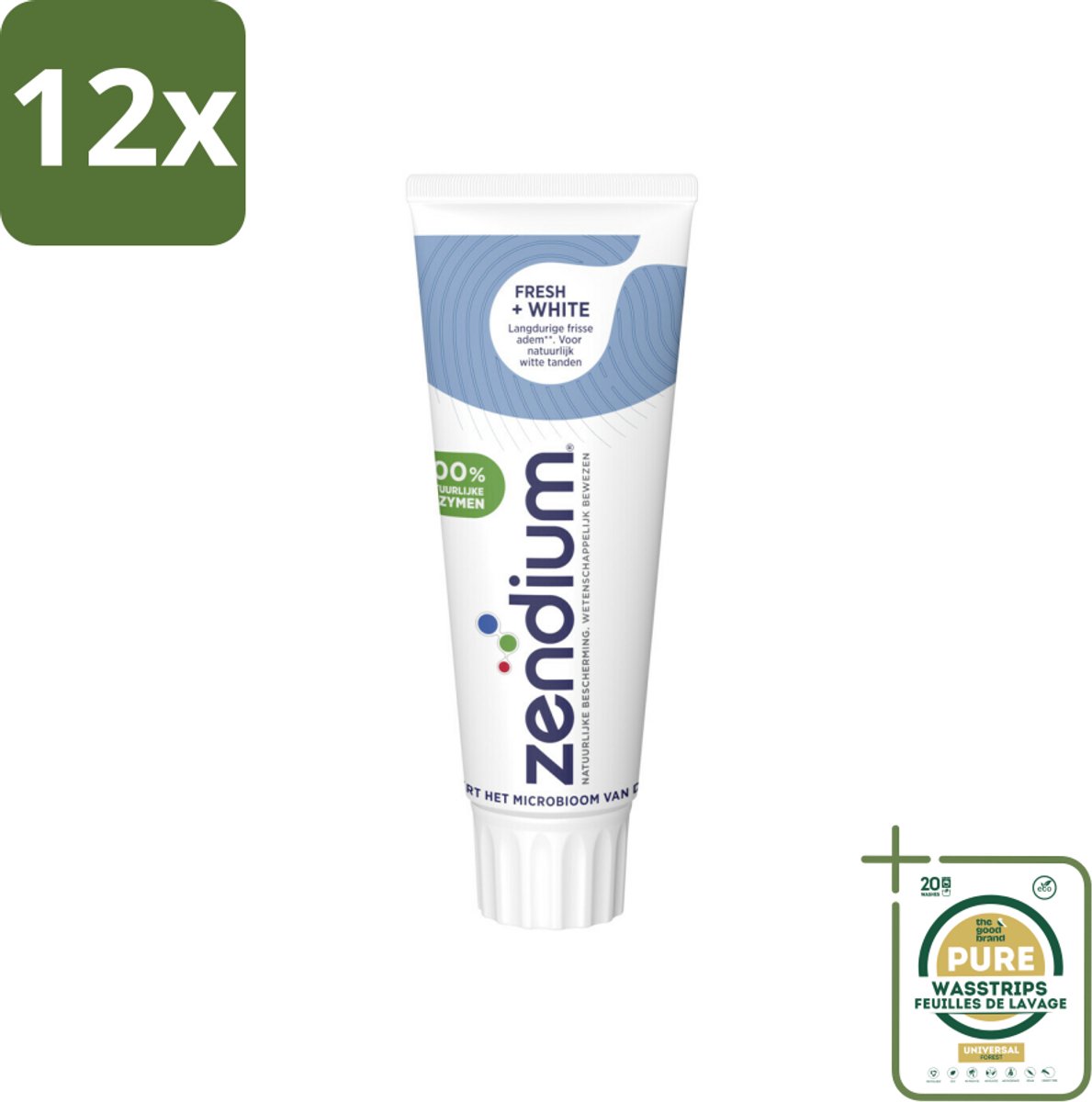 Zendium - Tandpasta - Fresh+ White - 75 ml - Voordeelverpakking - 12 stuks - Witte tanden - Enzymen