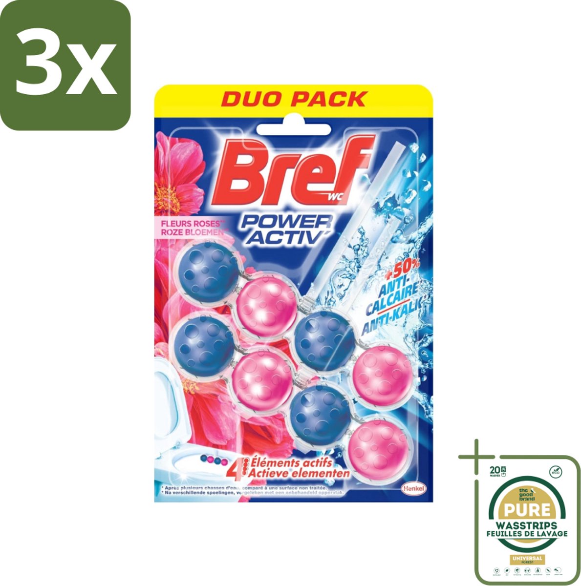 3 x Bref WC - Power Activ+ - Toiletblok - Verse Bloemen - 2 Blokken - Grootverpakking - Bloemen Geur Toilet - Reinigingsblok - Anti-kalk - Toilet Reinigen - Frisse Geur
