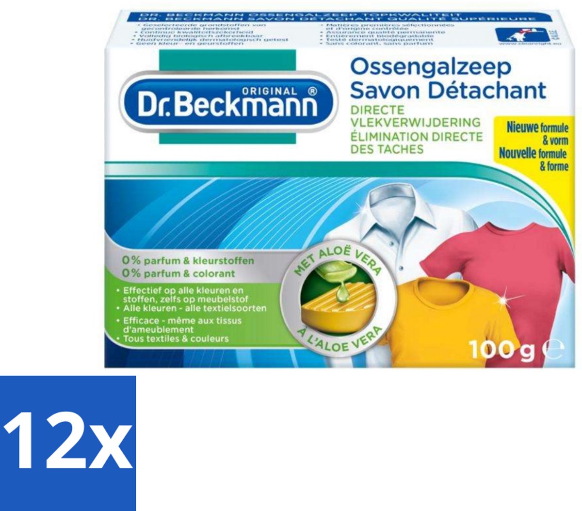 12 x Dr.Beckmann - Vlekkenverwijderaar - Ossengalzeep Met Aloë Vera - Witte en Gekleurde Was - 100g - Vlekkenverwijderaar - Vlekken Uit Kleding - Tapijt Schoonmaken - Meubels Schoonmaken - Aloë Vera