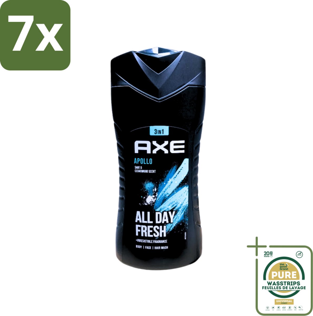 7 x Axe - 3-in-1 Douchegel - Apollo - Sage & Cedarwoord - All Day Fresh - 400 ml - Grootverpakking - Douchegel - Lichaam - Gezicht - Haar - Salie