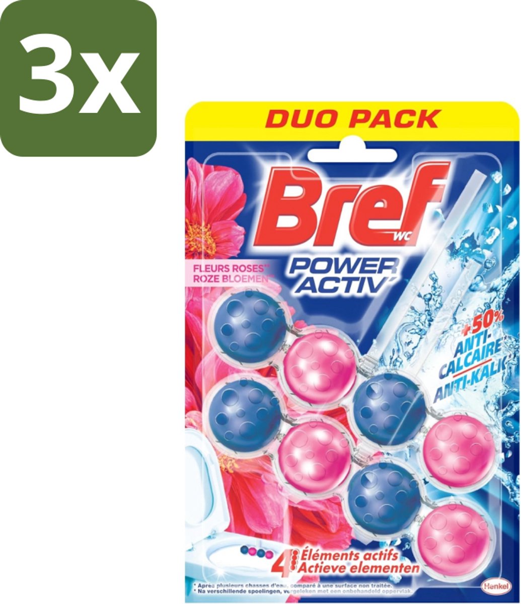 3 x Bref WC - Power Activ+ - Toiletblok - Verse Bloemen - 2 Blokken - Bloemen Geur Toilet - Reinigingsblok - Anti-kalk - Toilet Reinigen - Frisse Geur